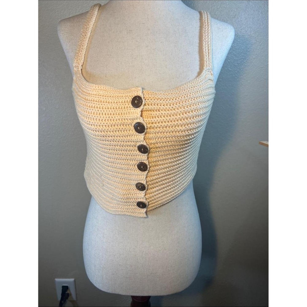 Peach Knit Crochet Button Down Bralette Crop Top M/L Boho Sleeveless RN134313
